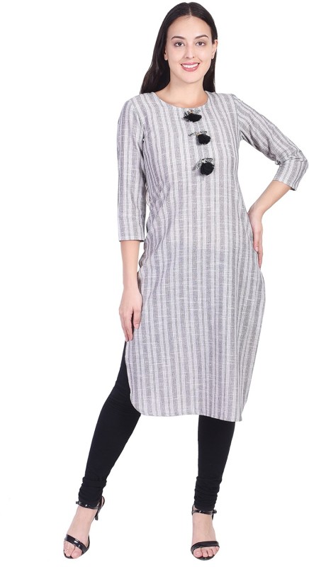 Ishwar Women's Striped Straight Kurta(Grey)