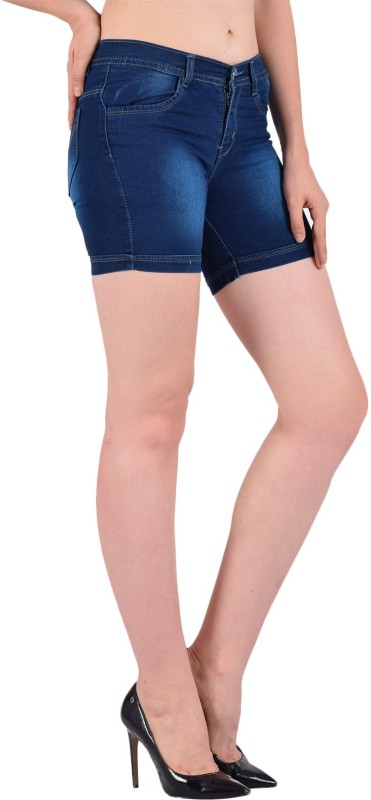 POKSI Solid Women Denim Blue Regular Shorts, Denim Shorts, Beach Shorts