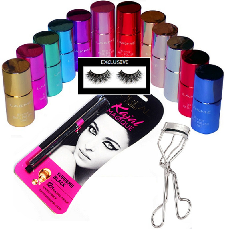 exclusive Eyelasehs,Curler,Mirror Nailpaint Pack Of 12,Loreal Paris Magique Kajal(15 Items in the set)