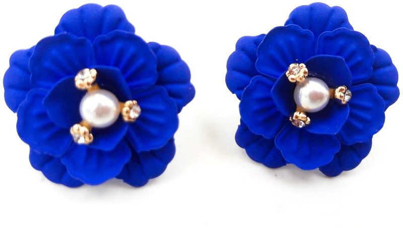 sporty trendz 22 K Gold Plated Fancy Blue Flower Earring Pearl, Crystal Fabric, Silk Dori Stud Earring