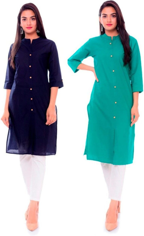 Priya Point Women Solid Frontslit Kurta(Green, Blue) Priya Point Women Solid Frontslit Kurta(Green, Blue)
