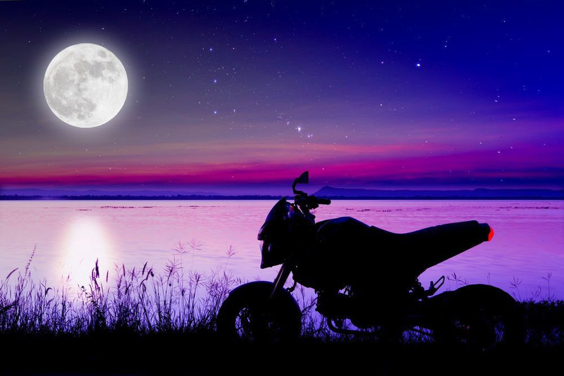 the motorcycle on a road bike in night Sticker Poster|Night Moon Poster| Paper Print(12 inch X 18 inch, Rolled)