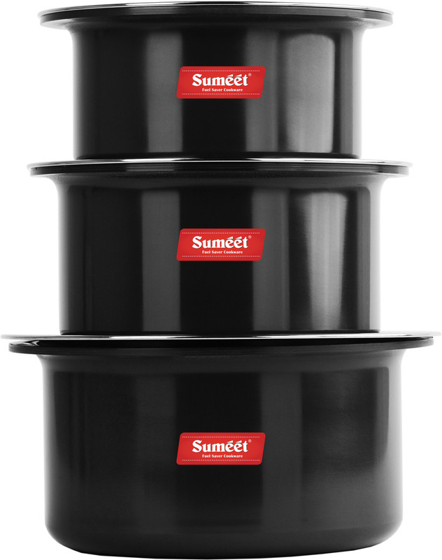 Sumeet 3mm Thick Hard Anodised Tope - Set of 6 with S.S. Lid (Number 9 to 14) Pot 23 cm diameter 2.9 L capacity with Lid(Aluminium)