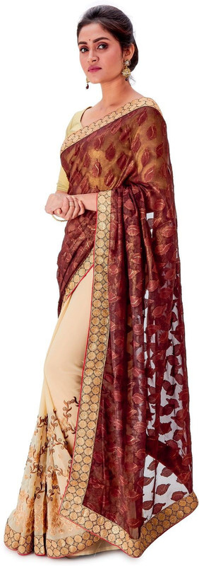 trinao Woven Fashion Cotton Jute Blend, Viscose Georgette Blend Saree(Beige)