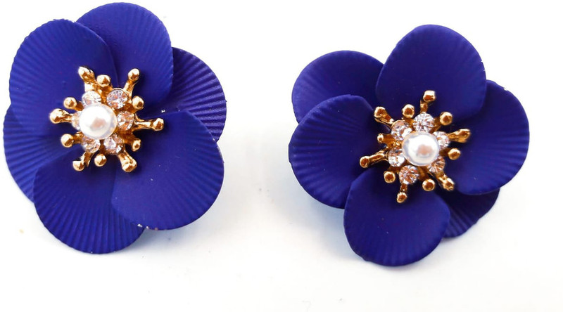 sporty trendz Pearl and Austrian Crystal Fancy Blue Flower Earring Pearl Fabric Stud Earring