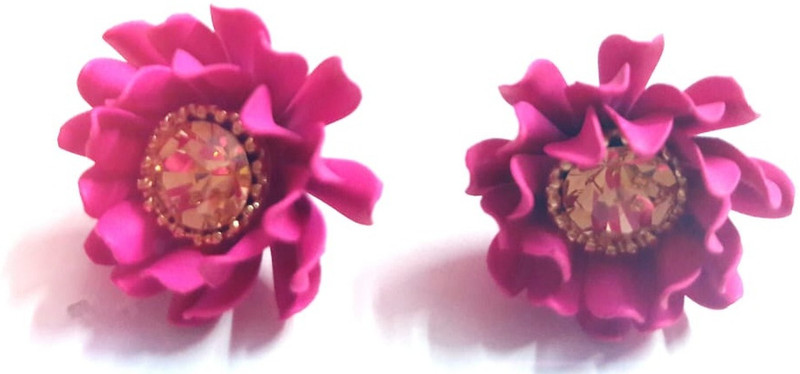 sporty trendz 22 K Gold Plated Pink Sun flower Fancy Earring Crystal Stone, Copper, Alloy, Fabric, Silk Dori, Metal Stud Earring