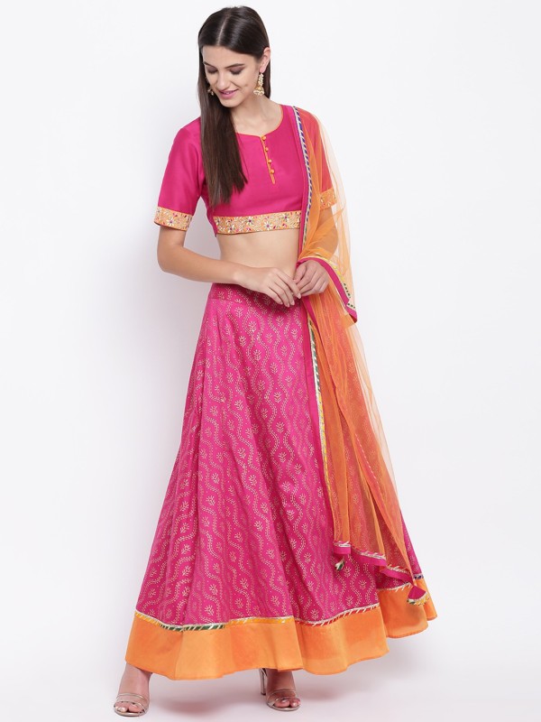 Shakumbhari Block Print Stitched Lehenga Choli(Pink, Orange)
