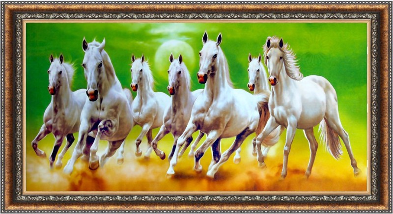 CATALOGWALA White Seven Horses Running With Green Background Vastu Wall Art Painting With Frame Digital Reprint 12 inch x 24 inch Painting