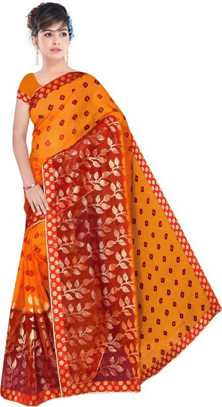 sg drapes Printed Bandhej Cotton Silk Saree(Red, Orange)