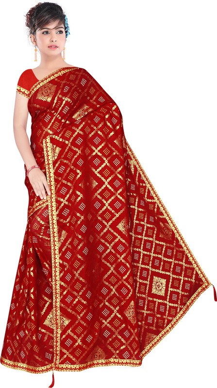 sg drapes Embellished Bandhej Cotton Silk Saree(Red)