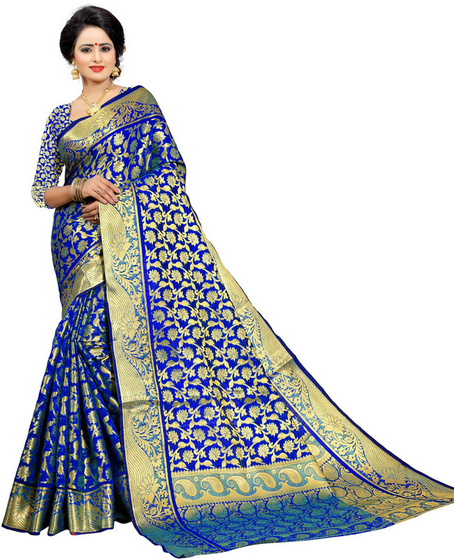ofline selection Self Design Banarasi Cotton Blend Saree(Blue, Beige)
