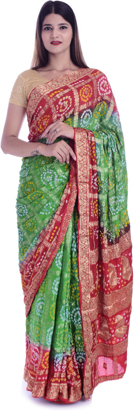 sg drapes Embroidered Bandhej Art Silk Saree(Red, Green)