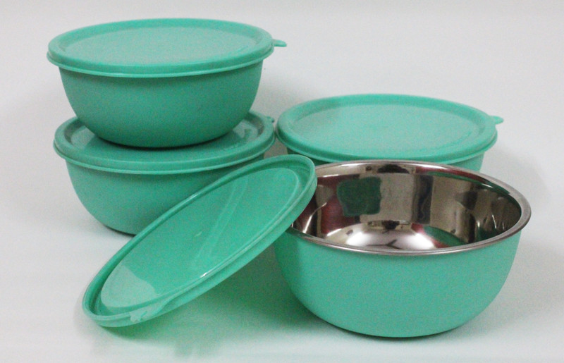 finality STAINLESS STEEL PLASTIC COATED MICROWAVE SAFE BOWL GREEN COLOR 14 CM EACH BOWL (SET OF 4) Stainless Steel Storage Bowl(Green, Pack of 4)
