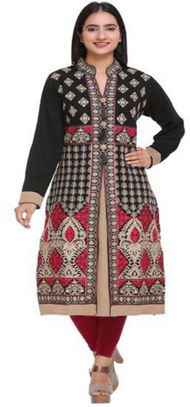 sham knitwear Women's Embroidered Straight Kurta(Black)