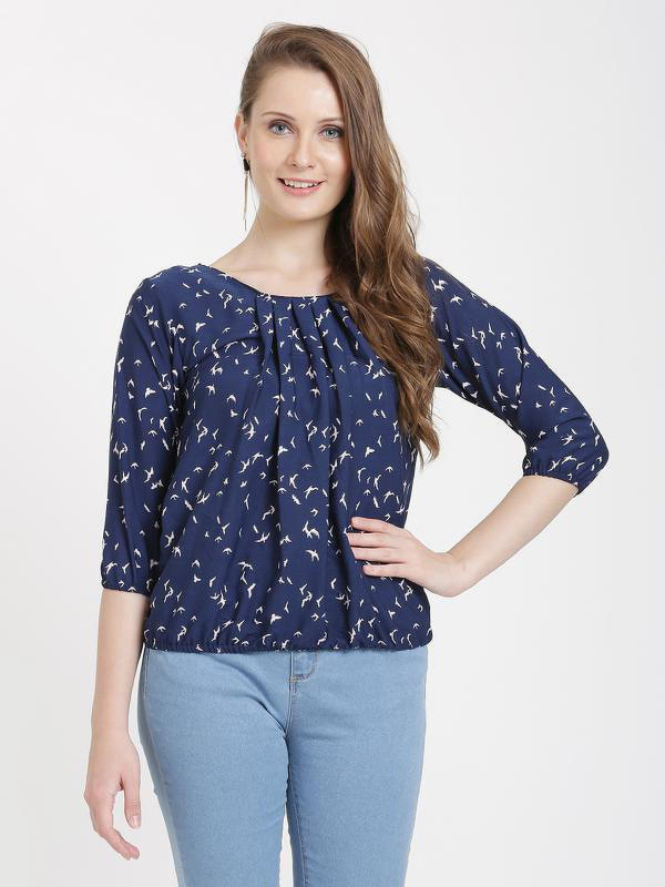 bright nex Casual Regular Sleeve Printed Women Blue Top