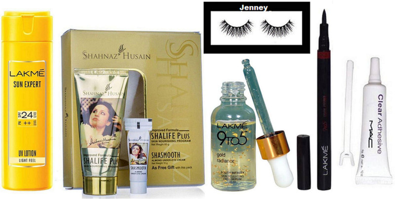 jenney Eyelashes, 9to5 Pen Eyeliner, Shasmooth Plus - Almond Under Eye Cream, 9to5 Gold Rediance Serum, Eyelashes Glue, Sun Expert SPF 24 PA ++ UV Lotion(6 Items in the set)