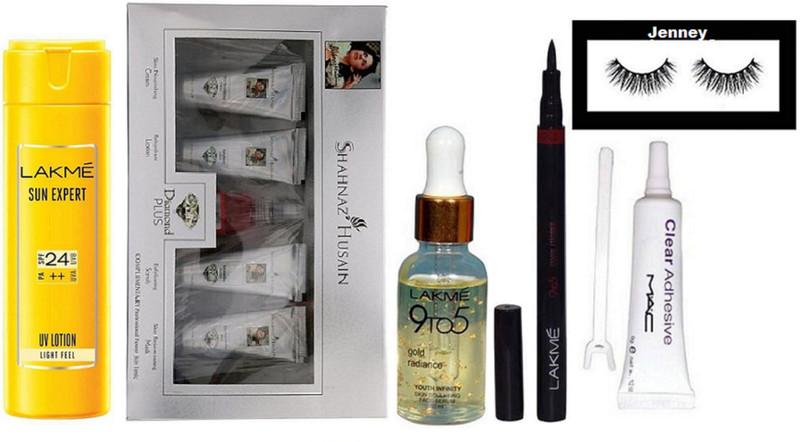 jenney Eyelashes, 9to5 Pen Eyeliner, Diamond Facial kit, 9to5 Gold Rediance Serum, Eyelashes Glue, Sun Expert SPF 24 PA ++ UV Lotion(6 Items in the set)