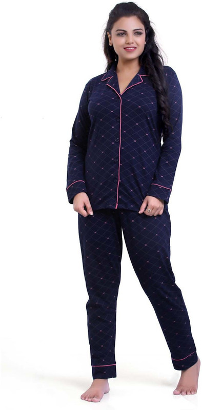 prosticas Women Printed Dark Blue Shirt & Pyjama set