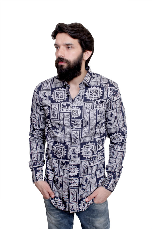 leeonn Men Graphic Print Casual Blue Shirt