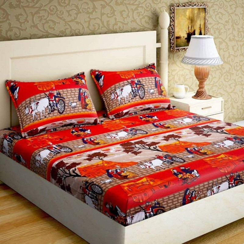 pitit custon 150 TC Polycotton Double Printed Bedsheet(Pack of 1, Orange)