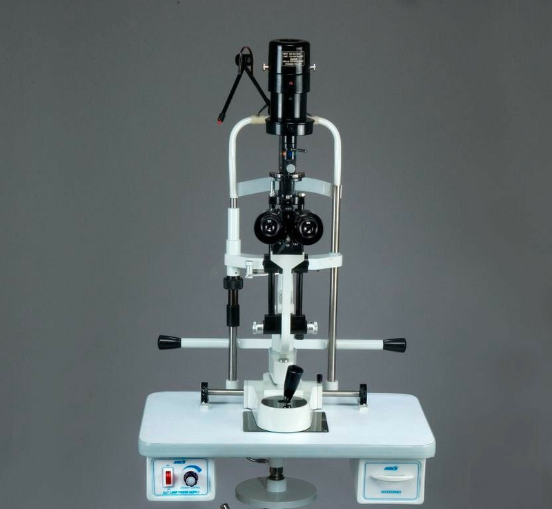 miko plus 2 step slit lamp bio Microscope with power source ,Wooden base q Objective Microscope Lens