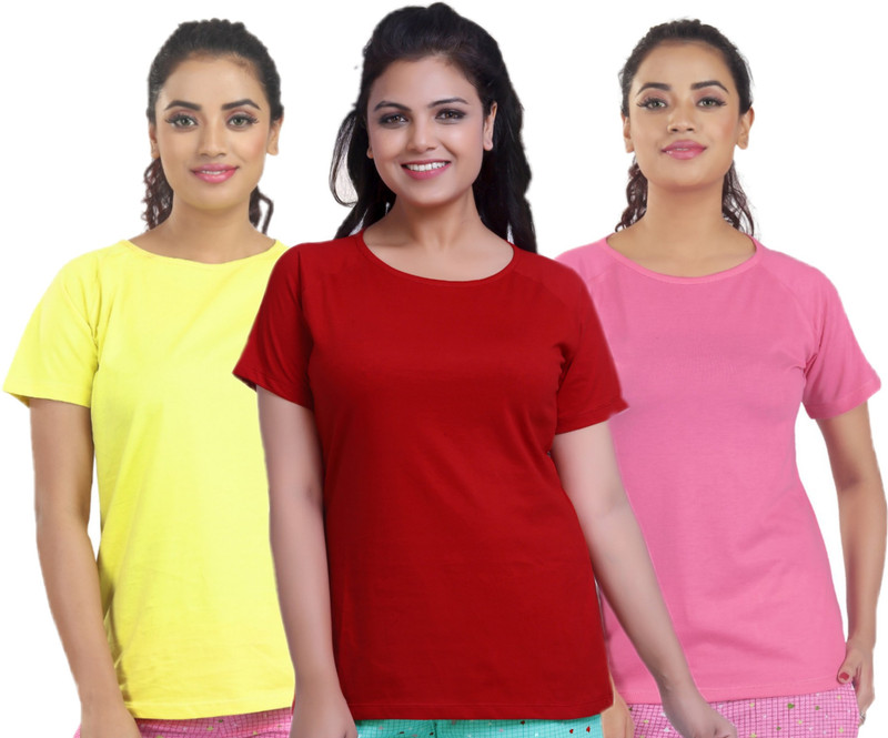 prosticas Solid Women Scoop Neck Yellow, Red, Pink T-Shirt(Pack of 3)