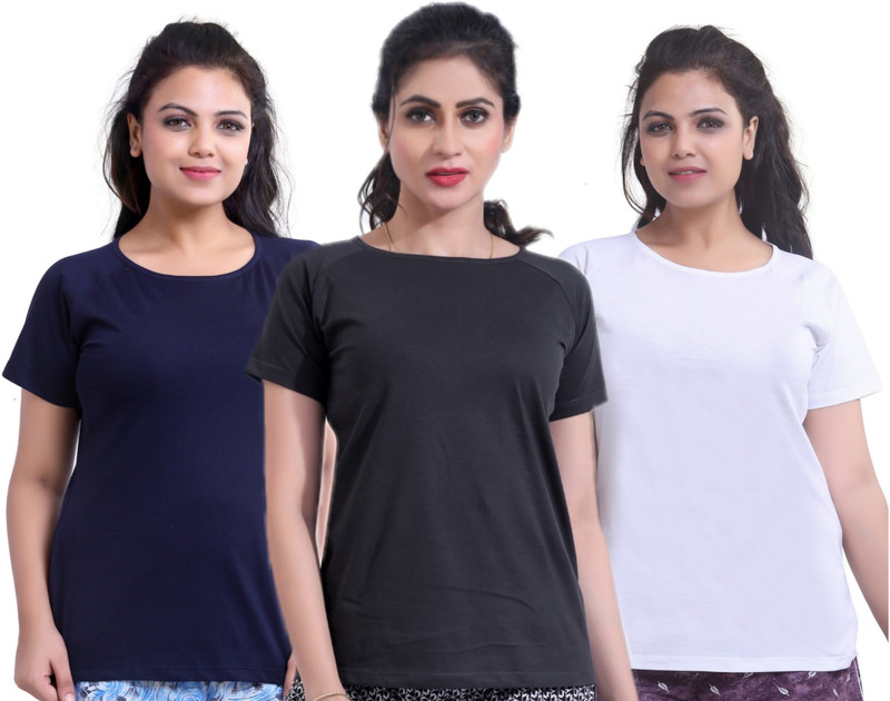 prosticas Solid Women Scoop Neck Dark Blue, Grey, White T-Shirt(Pack of 3)