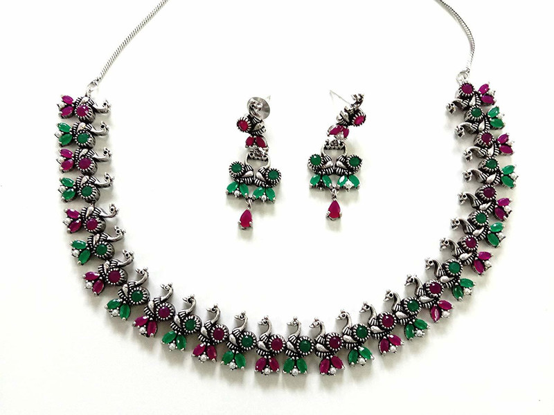 innovaze Oxidised Silver, Brass Jewel Set(Red)