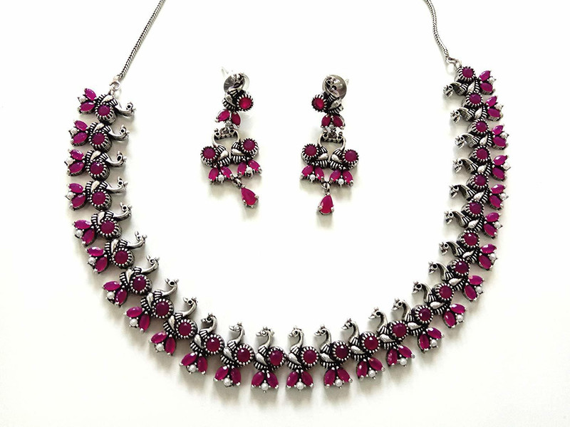innovaze Oxidised Silver, Brass Jewel Set(Red)
