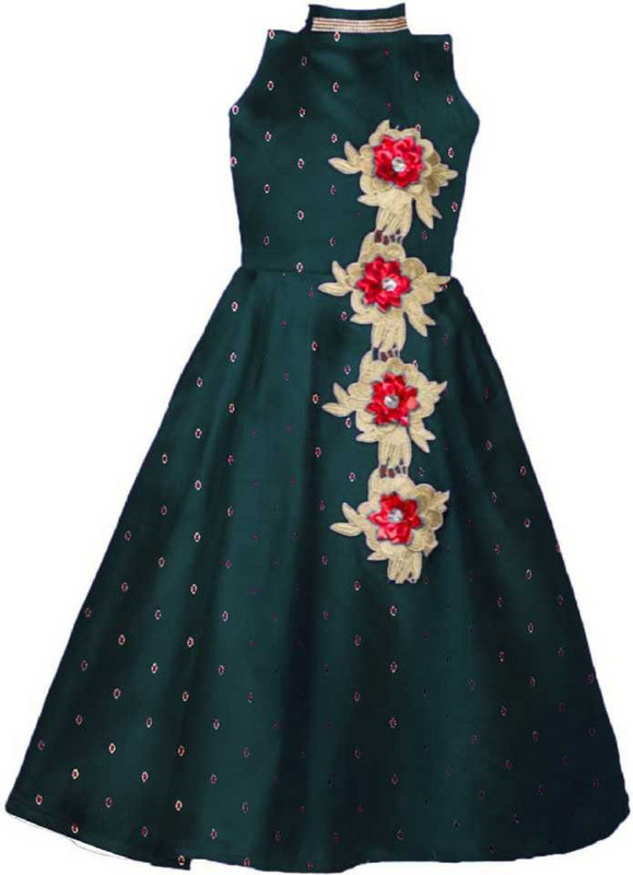 online cloth khazana Girls Maxi/Full Length Party Dress(Green, Sleeveless)