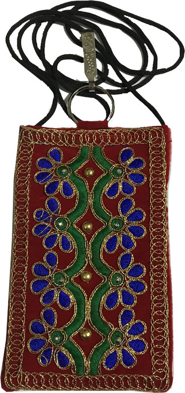 janvifashionflower Red Gold Dori Embroidered Work Mobile Pouch(Red)