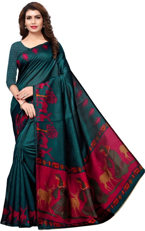 Saara Printed, Animal Print Kalamkari Art Silk Saree(Multicolor, Dark Green, Pink)