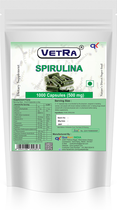 vetra Spirulina Capsules - 1000 (500 Mg) capsules(1000 Tablets)