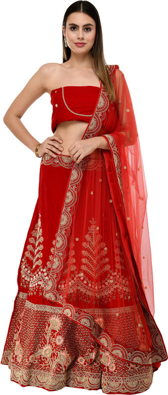 revival Embellished Semi Stitched Lehenga, Choli and Dupatta Set(Red)