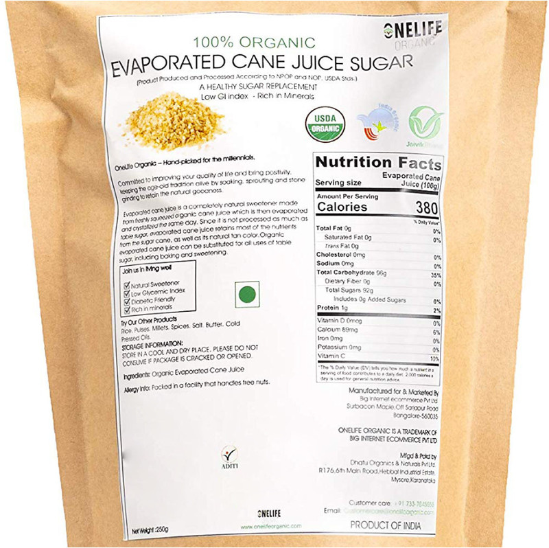 onelifeorganic Evaporated Cane Sugar -Evaporated Cane Juice, Vegan Sugar(500 g, Pack of 2)