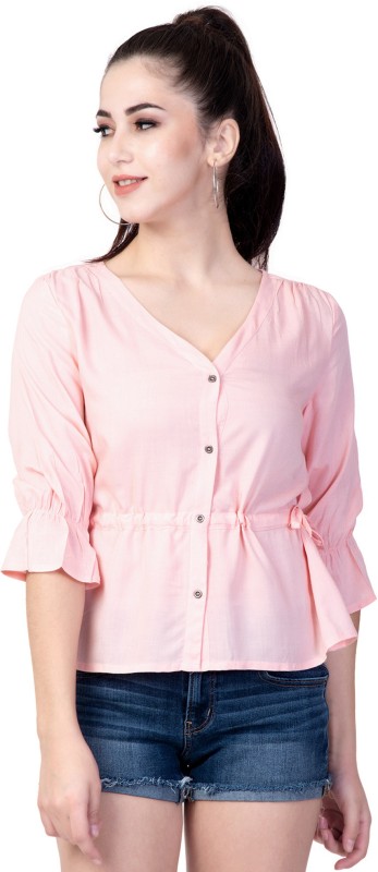 Shinoy Casual Ruffled Sleeve Solid Women Pink Top