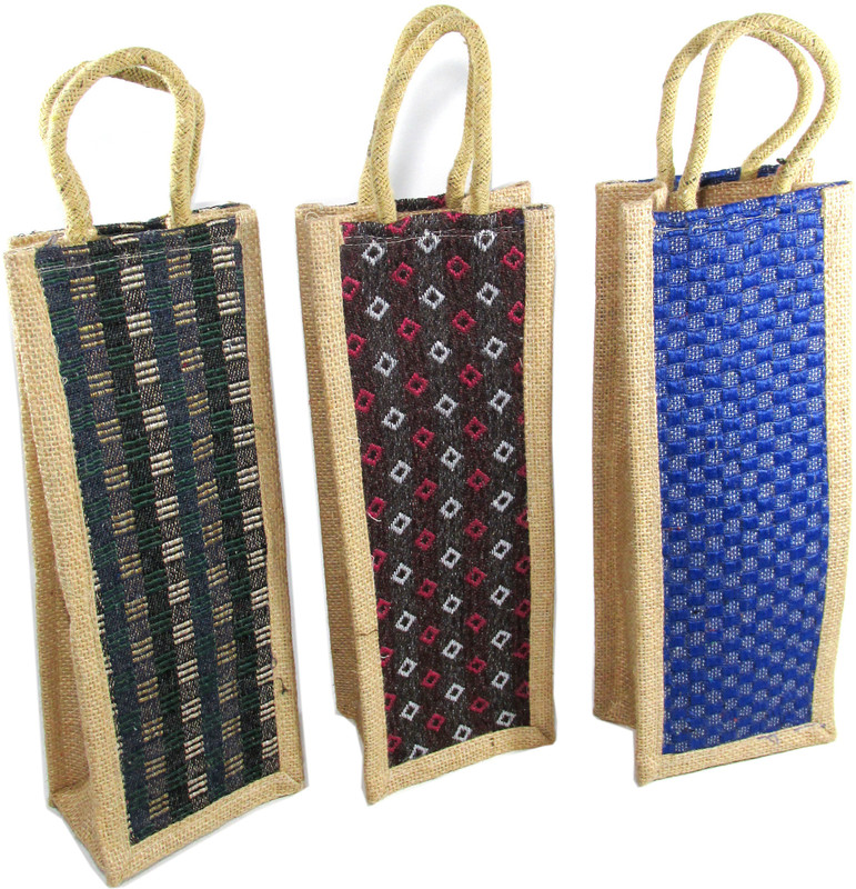 ehuntz 1Ltr Jute Bag for water bottle carry bag & wine bag /gift bag set of 03, (EH2084)(Multicolor)
