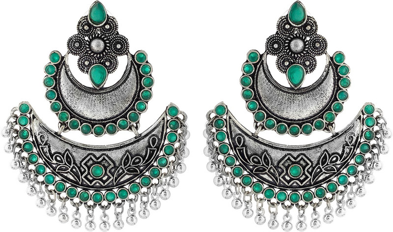 houseofquor Green Stone chandbali Moissanite Alloy Chandbali Earring