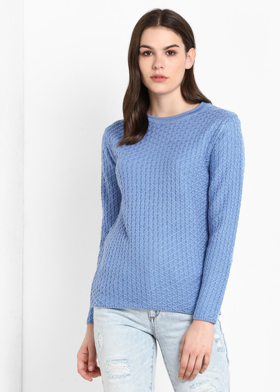 Round Neck Casual Women Blue Sweater 