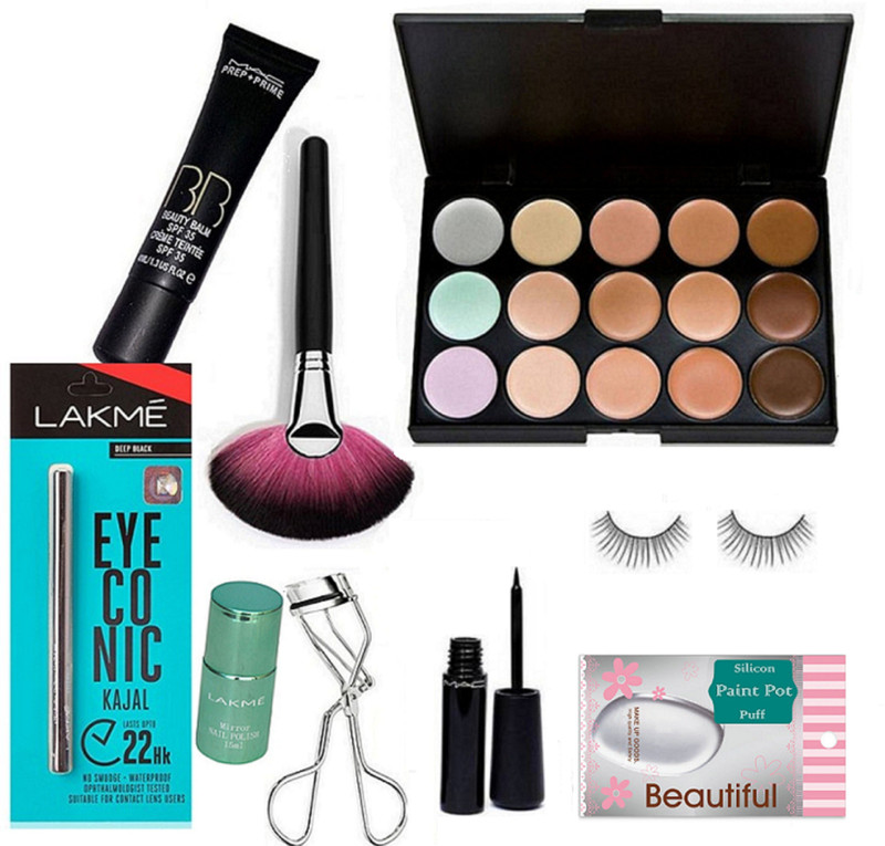 paint pot Silicon Puff, 15 Shade Concealer Palette, Liquid Eyeliner, BB Beauty Balm, Eyeconic KPolish,(9 Items in the set)