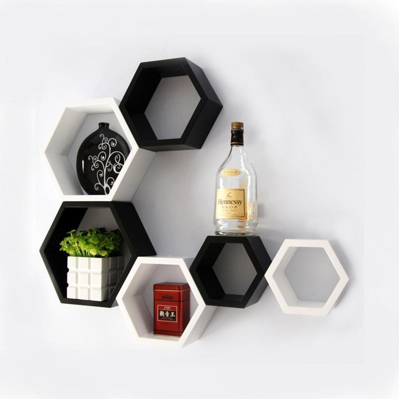 karam collections Hexagon Shape Set of 6 Floating Wall Shelves (Black & White) Engineered Wood Display Unit(Finish Color - Black & White)