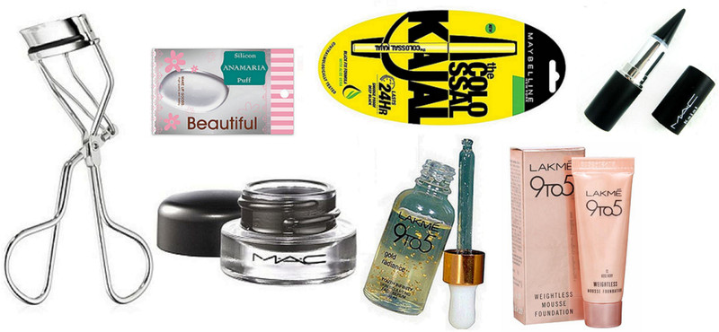 anamaria silicon puff,9to5 gold redianes serum, Fluidline Eye Liner Gel,mousse foundation,the colossal kajal,eyelashes curler,stick kajal(7 Items in the set)