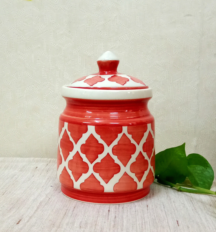 sawan shopping mart Superb quality Ceramic Barni Container Ceramic/Stoneware martban in Printed Contemporary (Medium Size) (1 Pc) - 1200 ml Ceramic Pickle Container, Container Jars with Lid(Red)  - 1200 ml Ceramic Pickle Container & Salt Pepper Container, Oil Container, Spice Container, Egg Containe