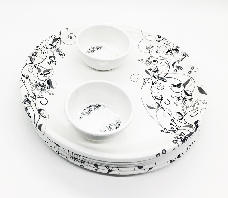 korona Royal Galaxy Melamine Serving Set, 6-Full Plate & 6-Bowl, White, Set of 12 (Black Leaf) Pack of 12 Dinner Set(Melamin)