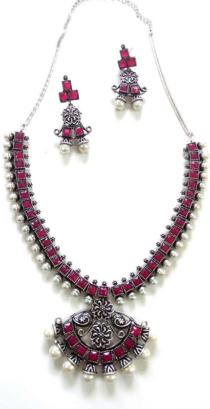innovaze Oxidised Silver, Brass Jewel Set(Red)