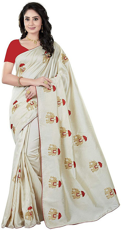 jinnar Embroidered Banarasi Silk Blend Saree(Cream)