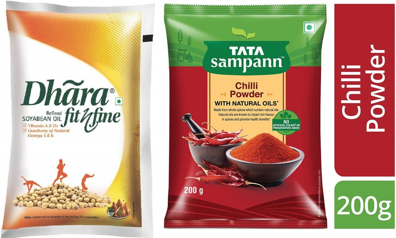 dhara DHARAA FIT N FINE SOYABEAN OIL 1 LITRE + TATA RED CHILLI 200 GM Combo(DHARA REFINED GROUNDNUT OIL - 1 LITRE, TATA SAMPANN RED CHILLI - 200 GM)