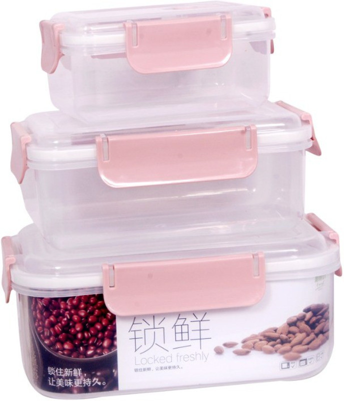 akr Proof Locking lid Set of 3pc (rectangle)  - 1300 ml, 1000 ml, 750 ml Plastic Fridge Container(Pack of 3, Pink, White)