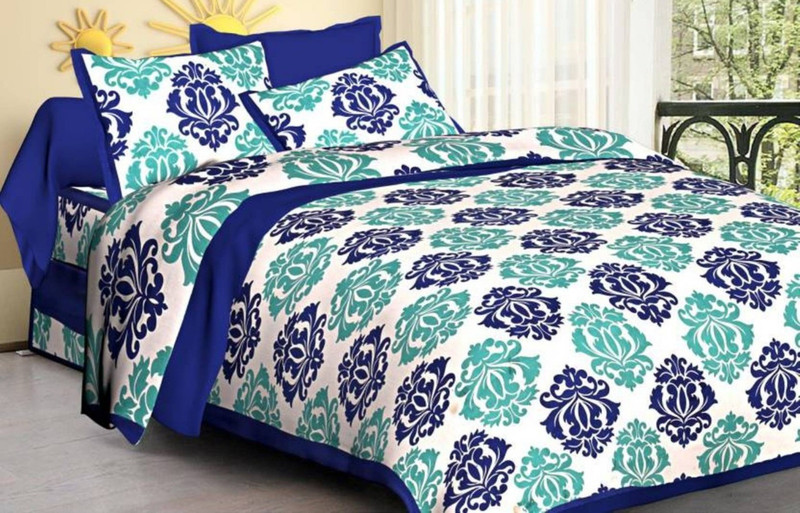 bhavya crafts 160 TC Cotton Double Printed Bedsheet(Pack of 1, Teal, Blue)