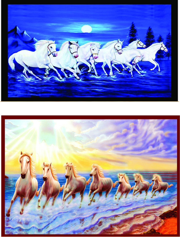 Seven Lucky Running Horses Vastu Wallpapers Fully Waterproof Vinyl Sticker Poster Fine Art Print(18 inch X 12 inch)